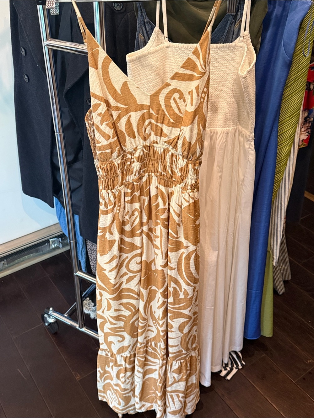 Tan & White Botanical Print Maxi Dress